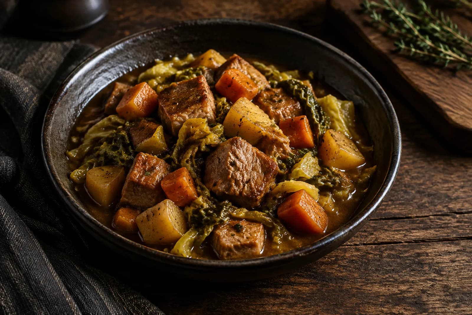 Gewürfelter Schweinsbraten im Eintopf