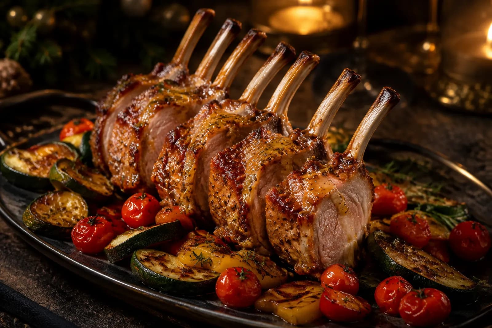 Glasiertes Schweinsrack mit Grillgemüse