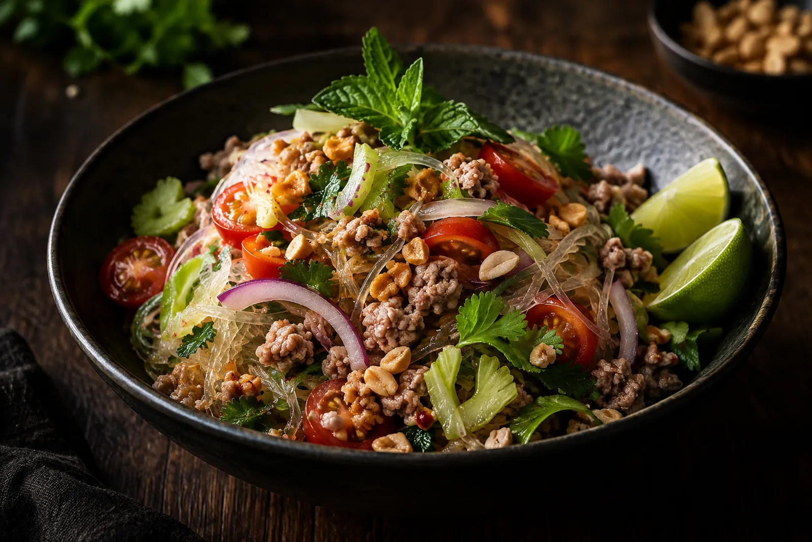 Glasnudelsalat mit Hackfleisch, Limette und Erdnüssen in einer Schüssel