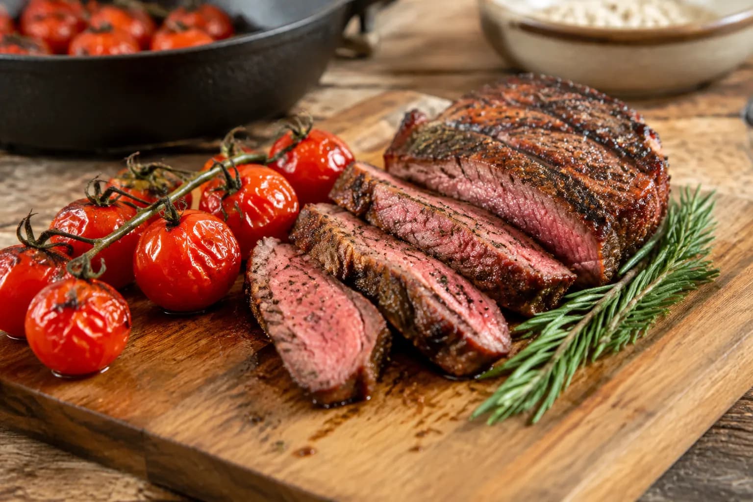 Grilliertes Rindshuftsteak mit Cherrytomaten und Rosmarin