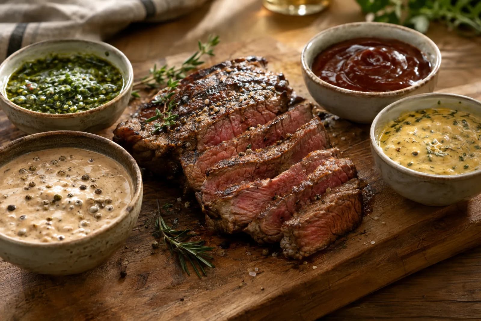Drei hausgemachte Saucen neben rosa grilliertem Rindfleisch