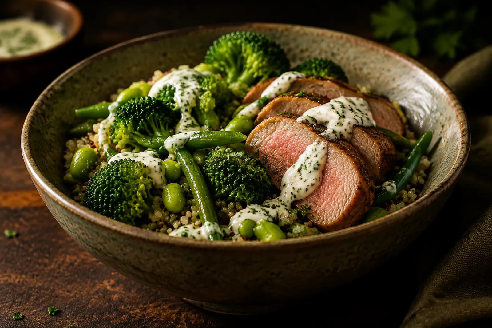 Grüne Gemüse-Bowl mit Schweinefleisch
