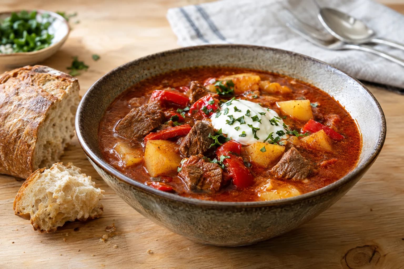 Gulaschsuppe mit zarten Rindfleischwürfeln, Kartoffeln und Paprika