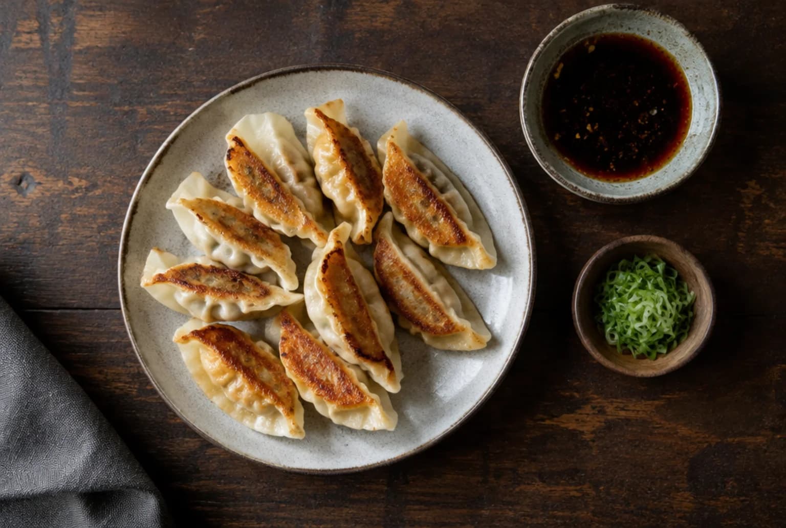 Pflanzenweise frittierte Gyoza mit knusprigem Boden und Dippingsauce