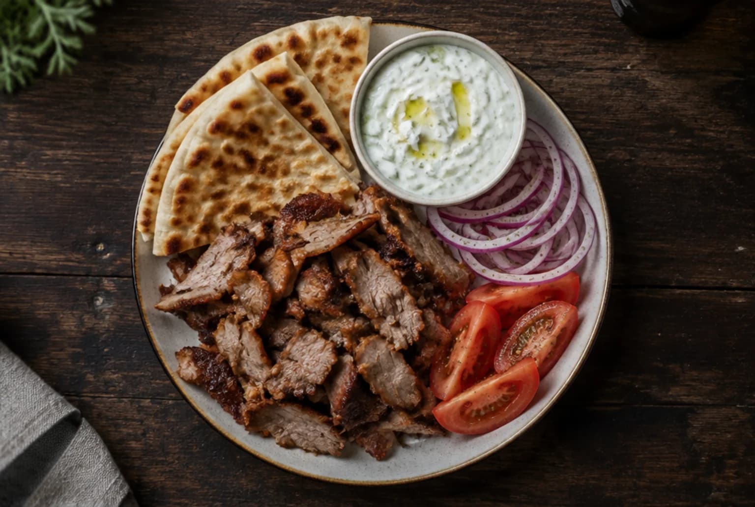 Hausgemachtes Gyros: geröstete Schweinefleischstreifen mit Zaziki, Pita, roten Zwiebeln und Tomaten