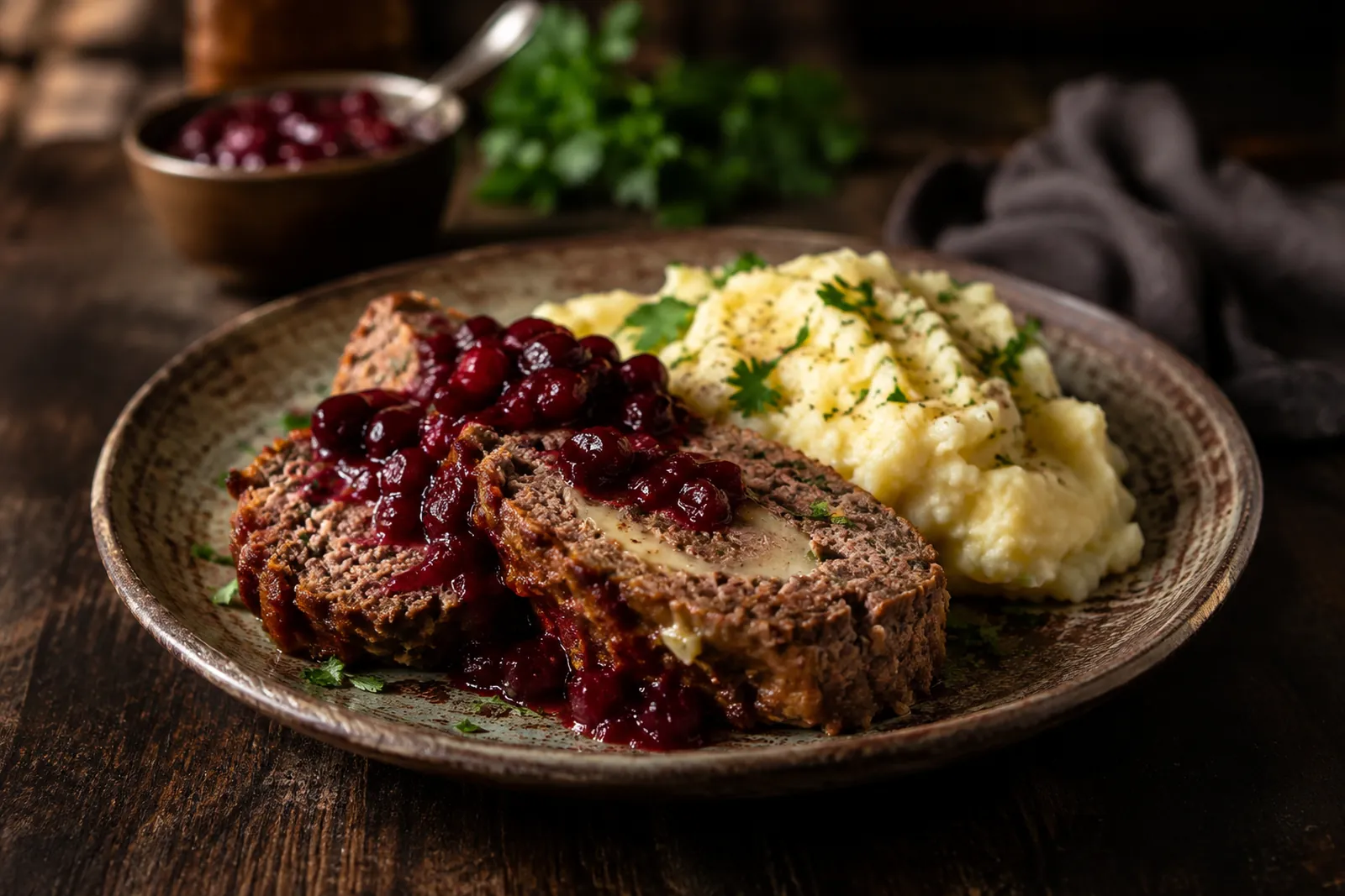 Aufgeschnittener Hackbraten mit Preiselbeer-Rahmsauce und Kartoffelstock