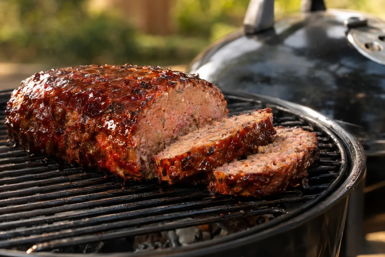 Aufgeschnittener Hackbraten vom Grill mit würziger Glasur