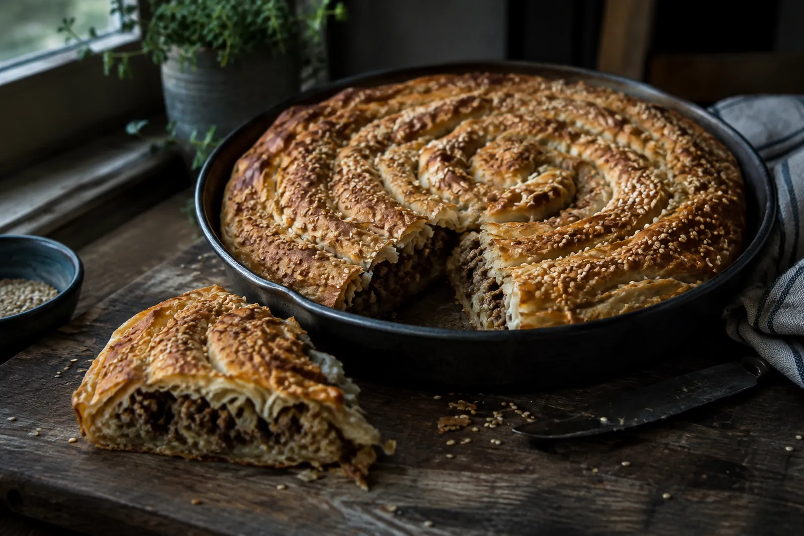 Goldbraun gebackener Hackfleisch-Börek als Schnecke in einer runden Form, mit Sesam bestreut, ein Stück angeschnitten