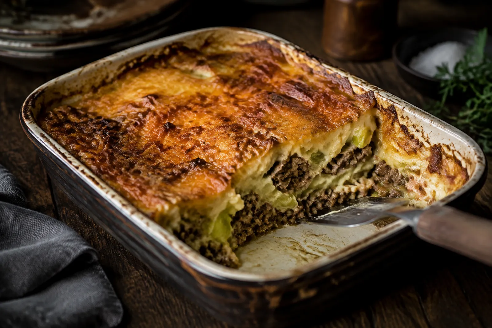 Hackfleisch-Lauch-Gratin in einer Ofenform, goldbraun überbacken mit Käse