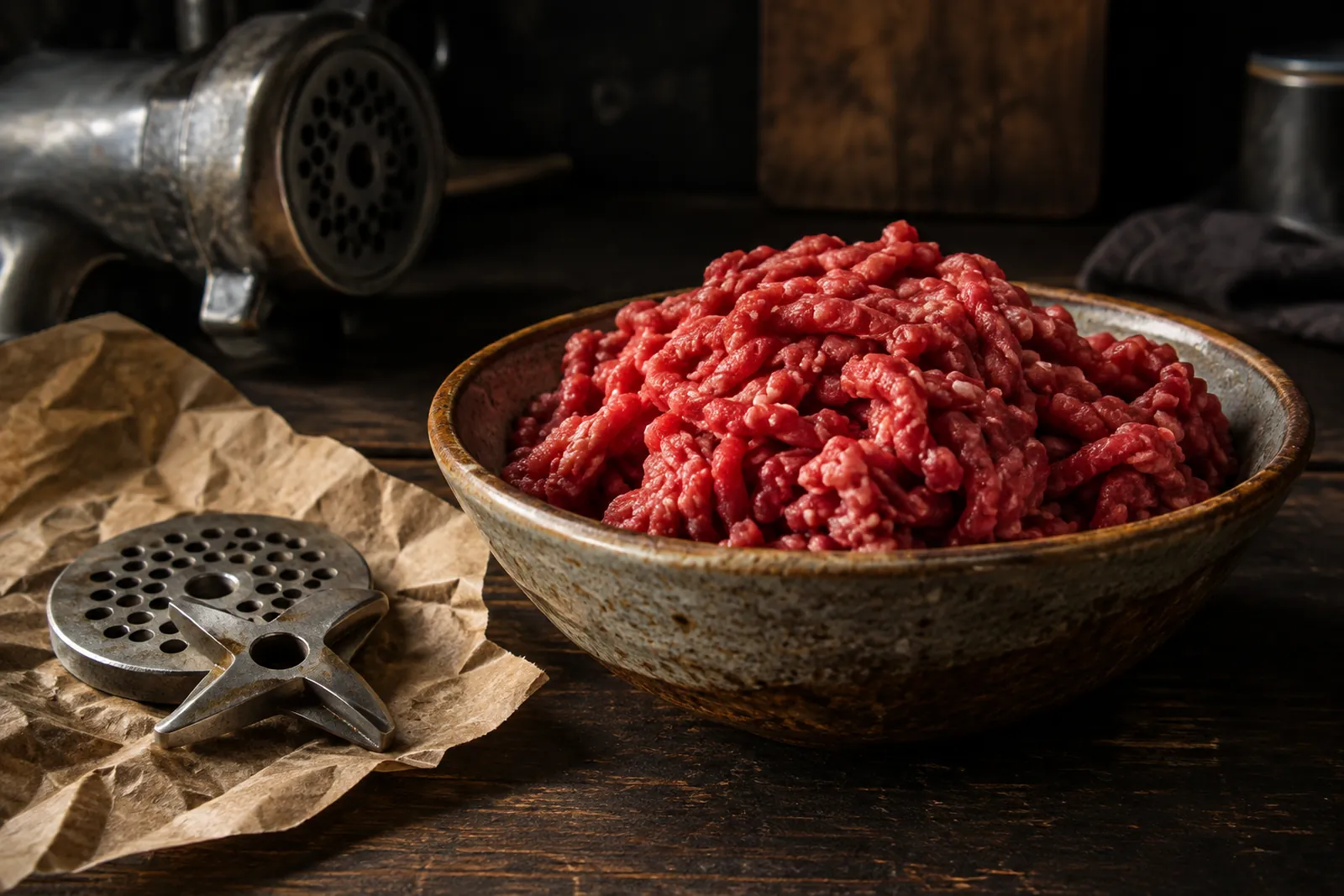 Frisches Rindshackfleisch auf Metzgerpapier mit Füllsel