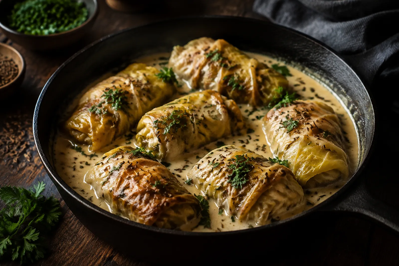 Hackfleisch-Kabis-Rouladen in cremiger Kühmmelsauce in einer schwarzen Pfanne