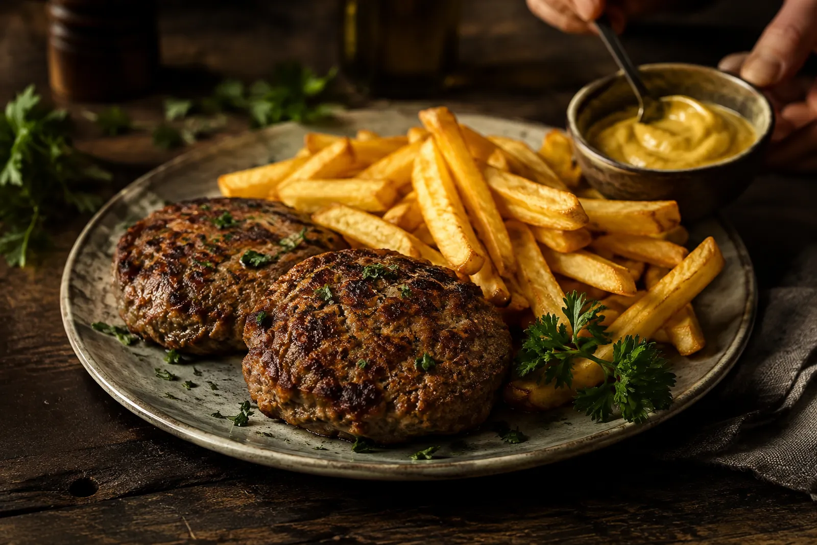Hacktätschli mit Pommes