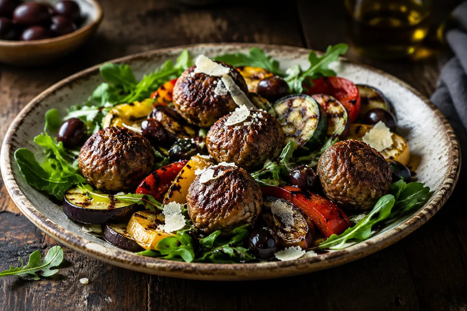 Kleine gebratene Hacktätschli auf mediterranem Gemüsesalat mit Rucola und Oliven