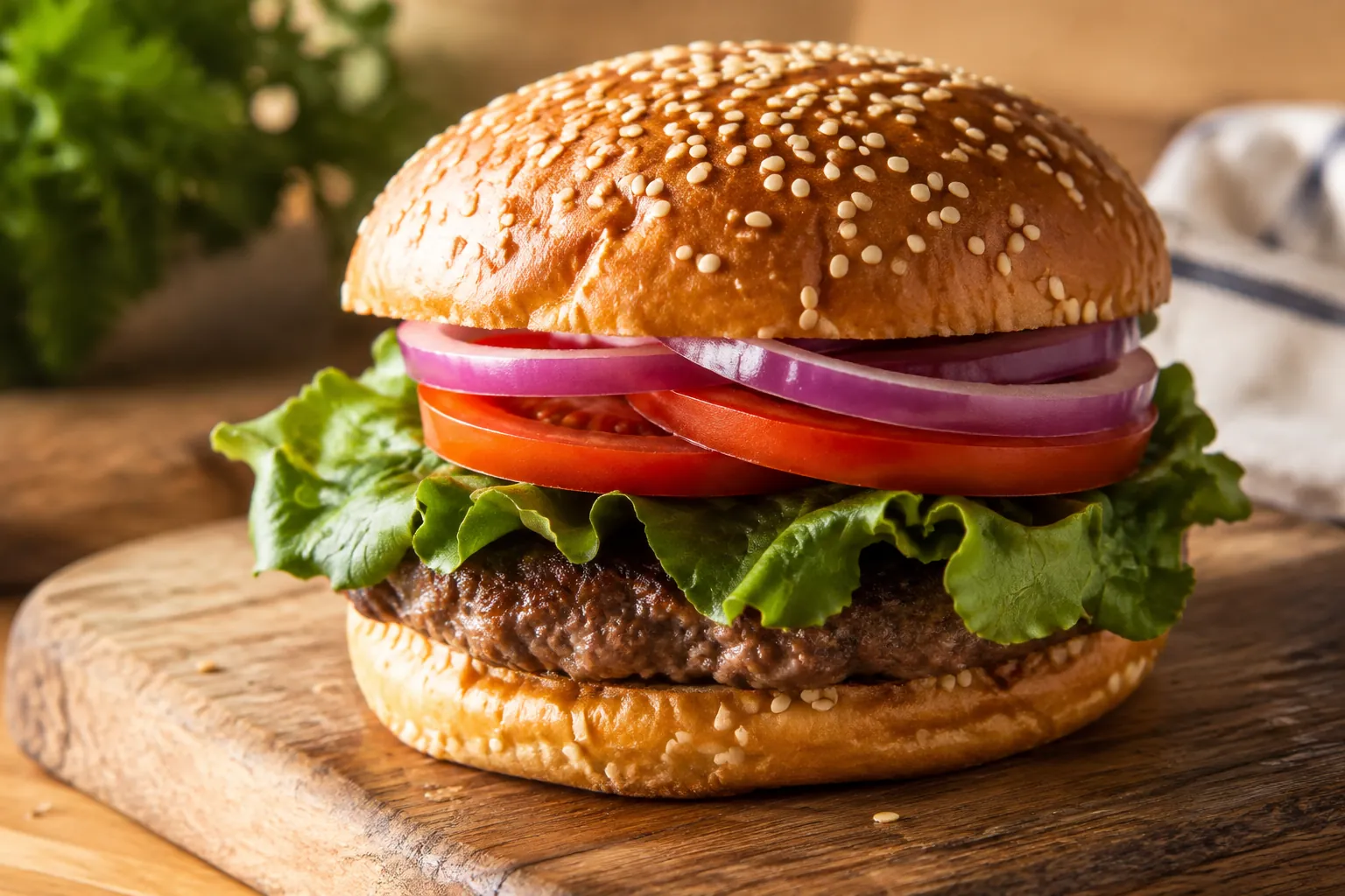 Saftiger Hamburger mit Rindspatty, Salat und Tomaten auf Holzbrett