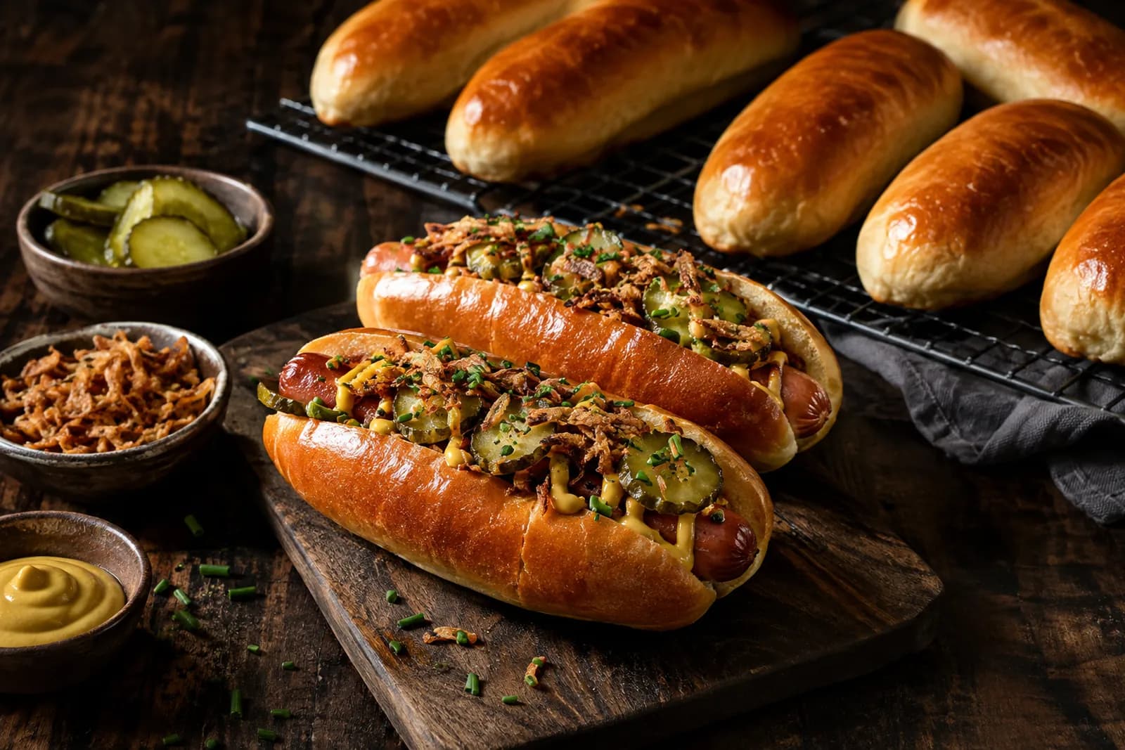 Hausgemachte Hot Dogs in selbstgebackenen Brötchen mit Röstzwiebeln und Senf
