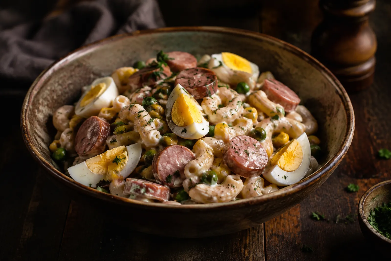 Hörnli-Wurst-Salat mit Erbsen und Ei