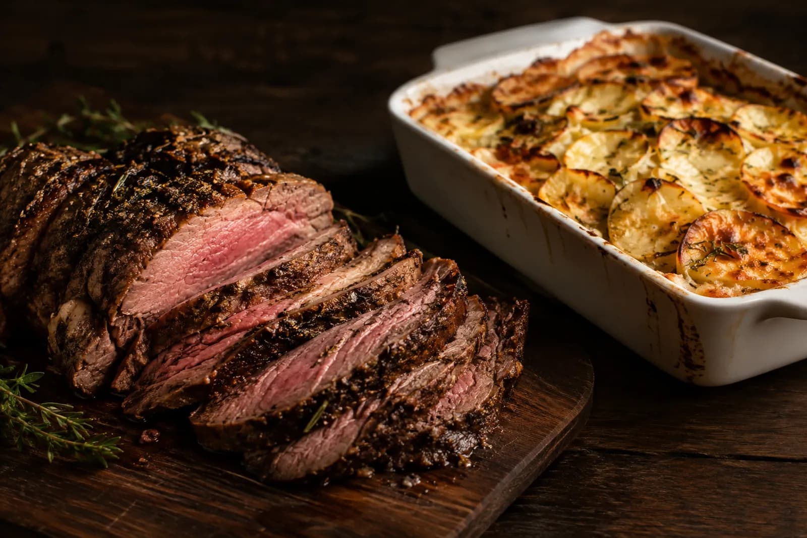 Hohrückenbraten mit Gemüse-Kartoffel-Gratin