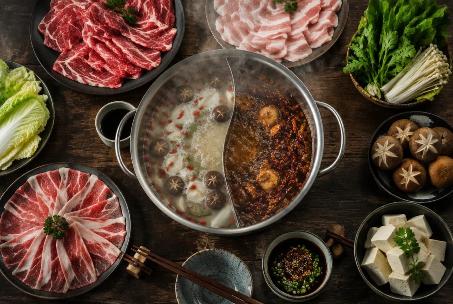 Chinesischer Hot Pot: geteilter Topf mit zwei dampfenden Brühen, umgeben von Platten mit dünnem Fleisch, Pilzen und Gemüse