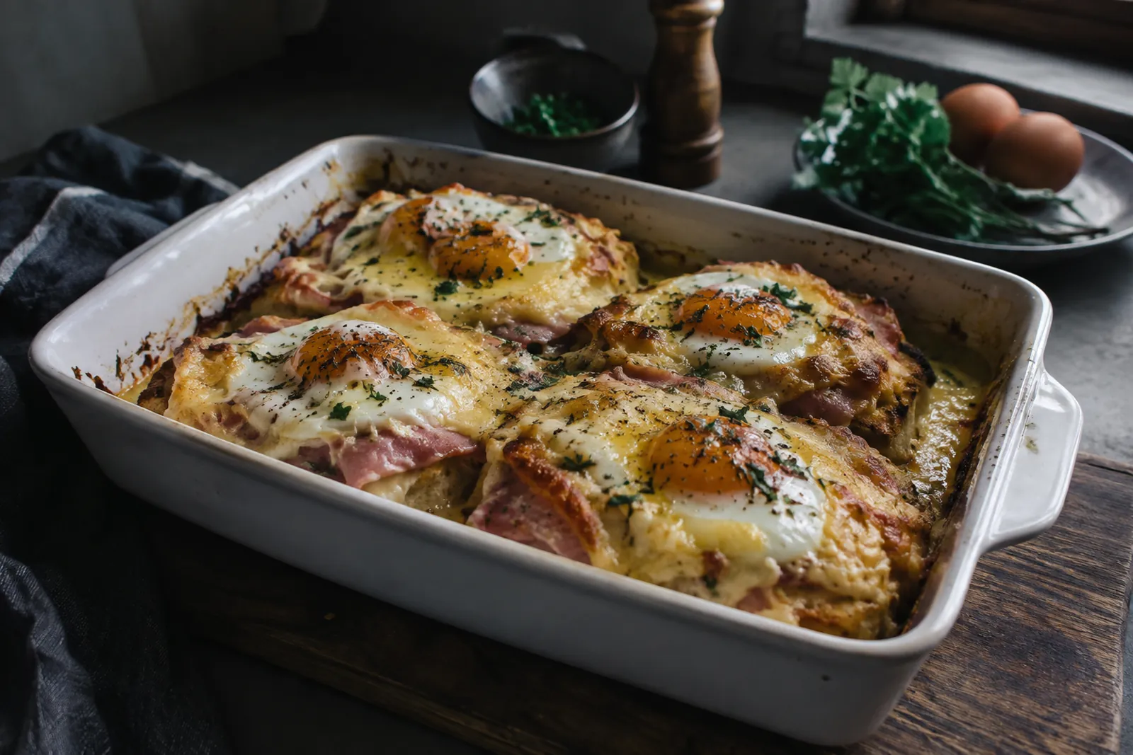Überbackene Käseschnitte mit Schinken und Spiegelei in einer Gratinform