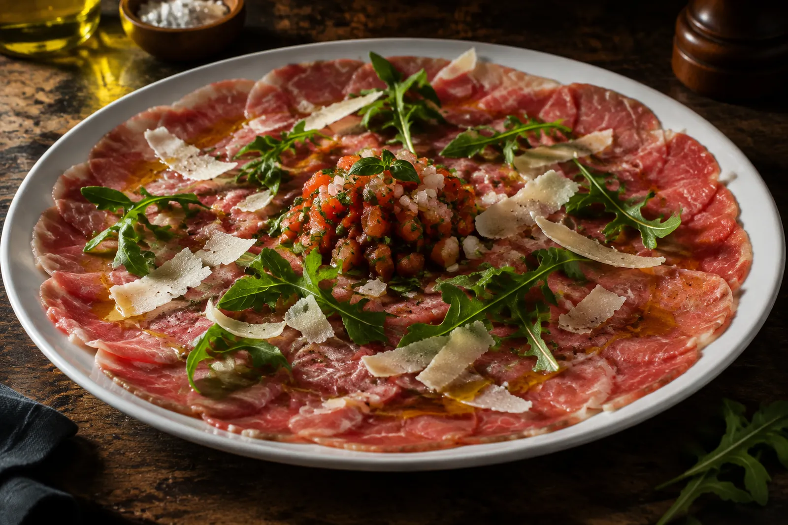 Hauchdünnes Kalbs-Carpaccio auf einer Platte mit Tomaten-Salsa und Basilikum