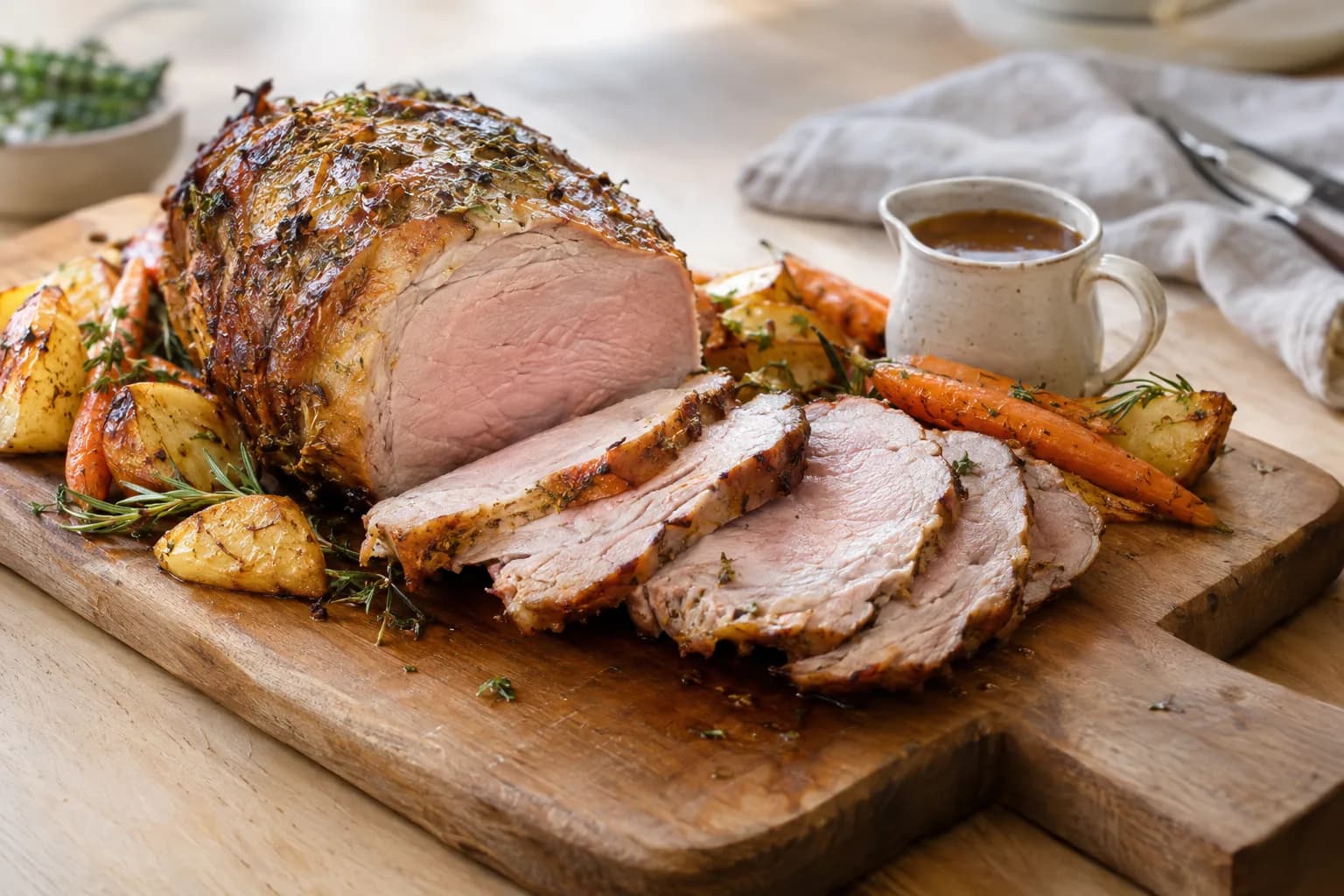 Aufgeschnittener Kalbsbraten mit heller Bratensauce
