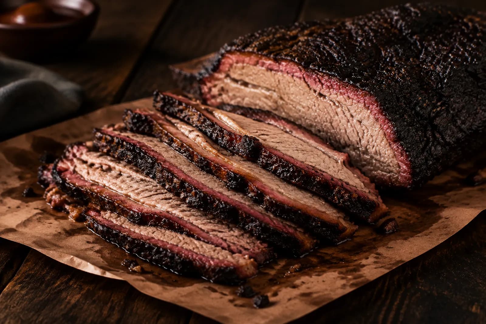 Aufgeschnittenes Kalbsbrisket mit dunkler Röstkruste und saftigem Kern