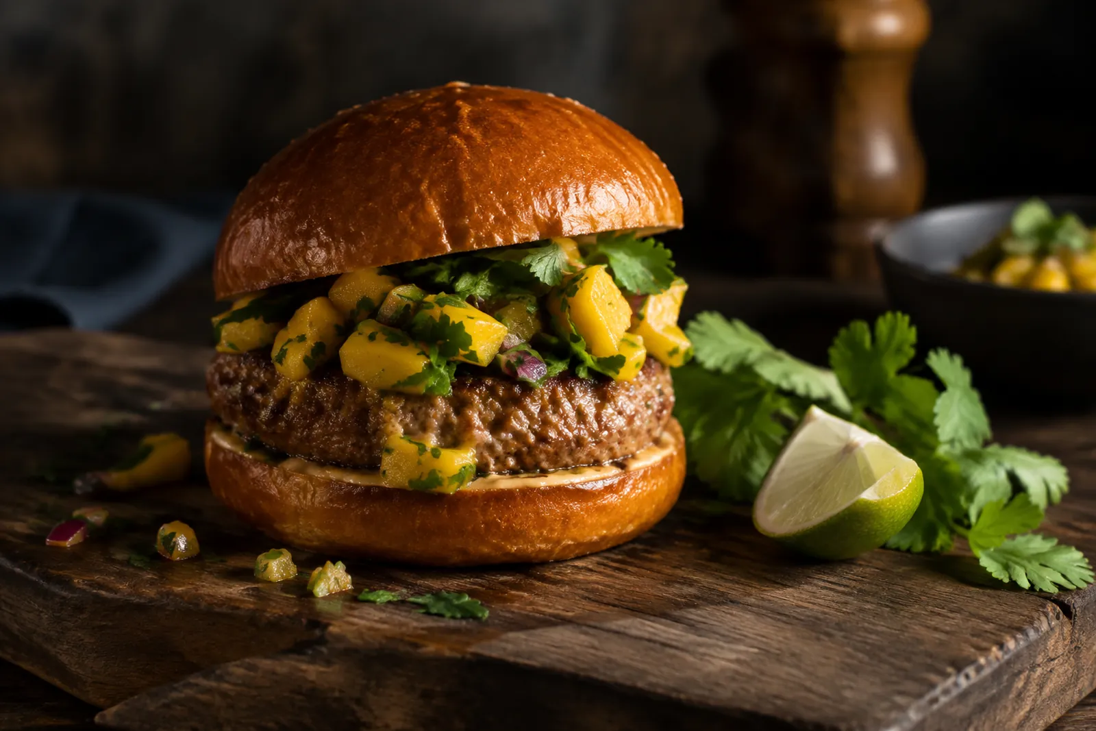 Kalbsburger mit Mango-Koriander-Salsa auf einem Brioche-Bun