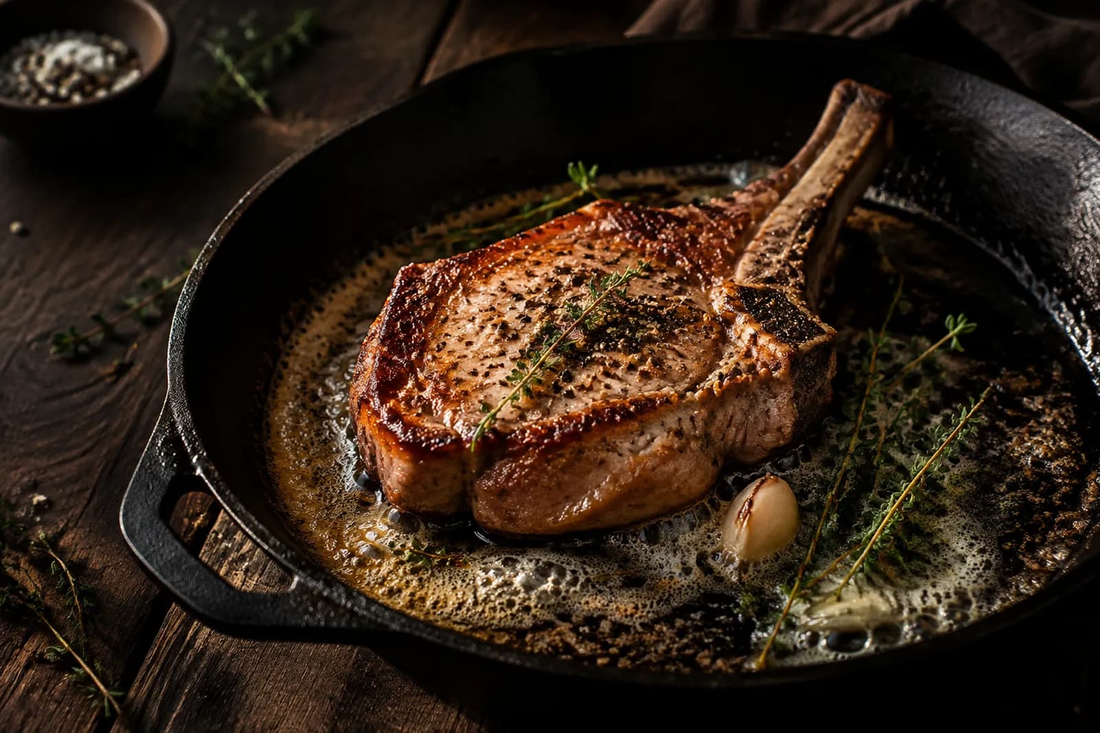 Kalbskotelett am Knochen in der Pfanne mit Kräuterbutter, Knoblauch und Thymian