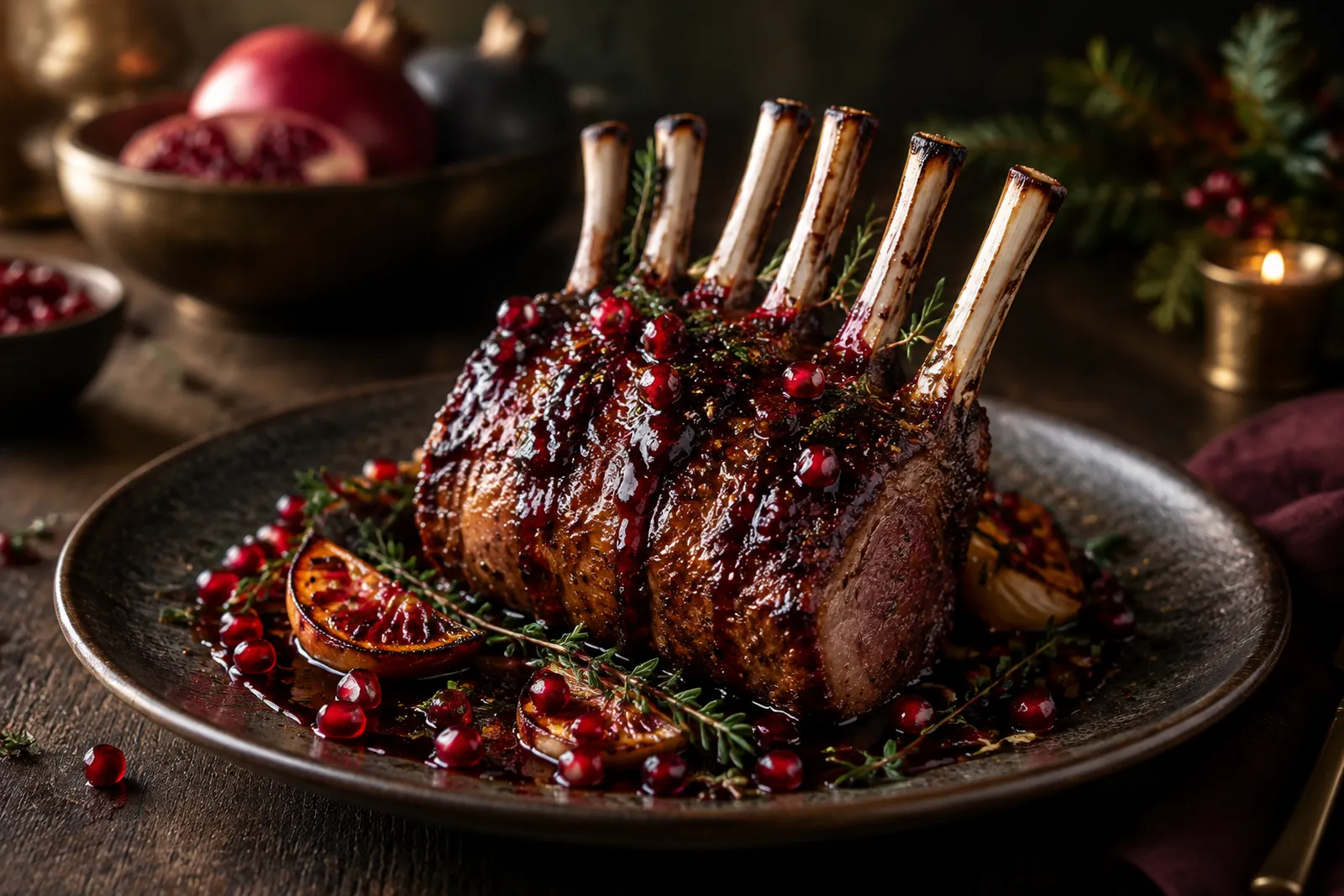 Kalbsrack vom Grill mit glänzender Granatapfel-Honig-Sauce und Granatapfelkernen