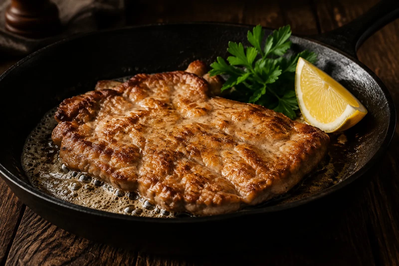 Goldgelb gebratenes Kalbsschnitzel in der Pfanne mit Zitrone und Bratbutter