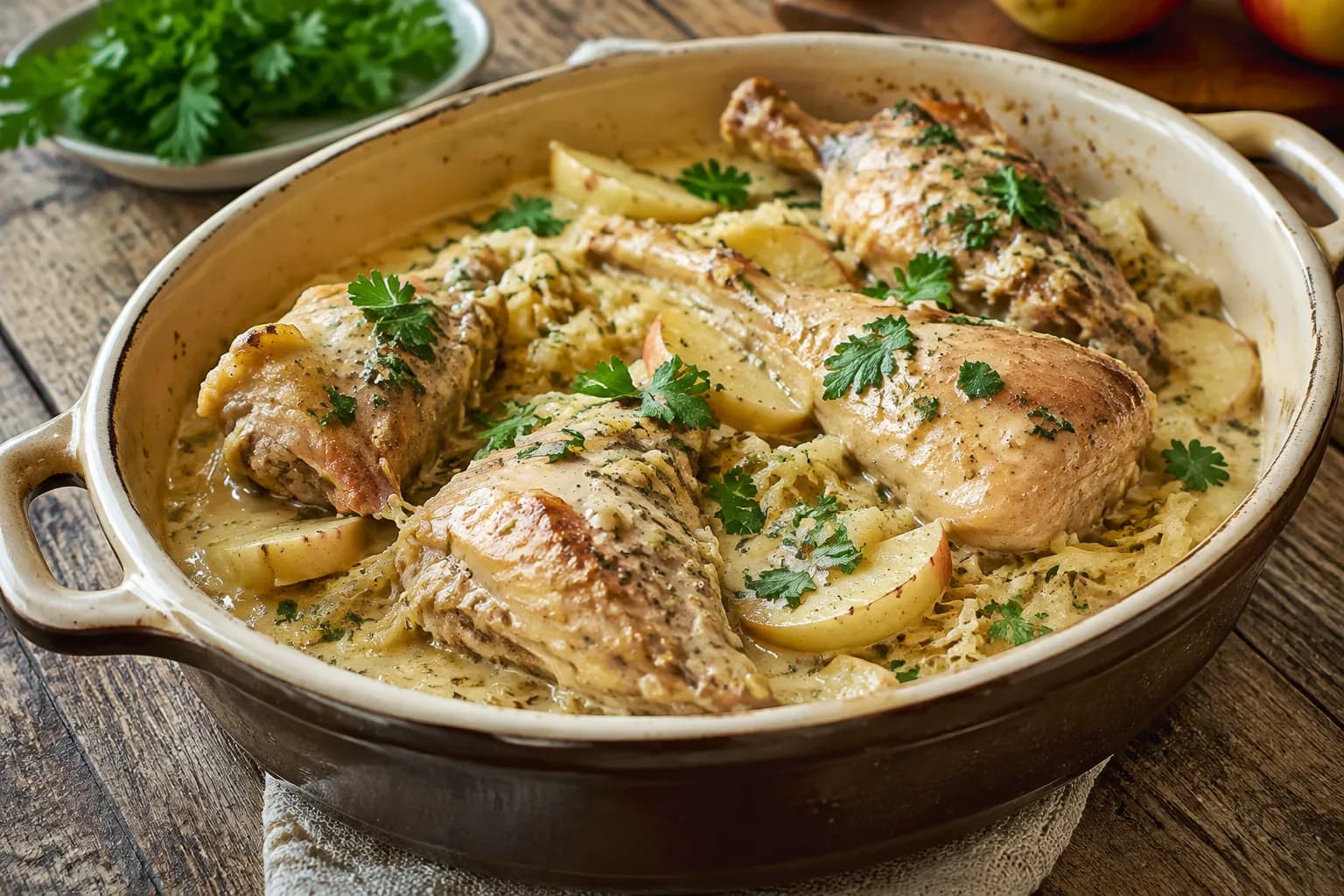 Geschmorte Kaninchenteile auf Apfel-Sauerkraut in cremiger Rahmsauce