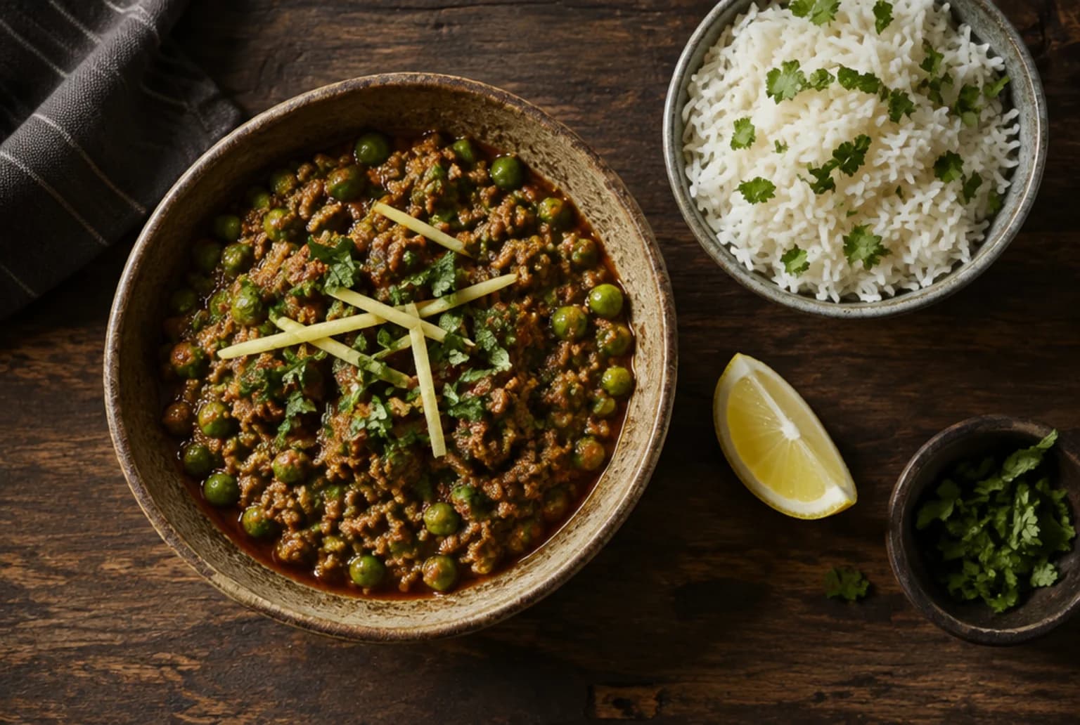 Keema-Curry in einer Schüssel: gewürztes Rindhackfleisch mit Erbsen, Ingwerstreifen und Koriander