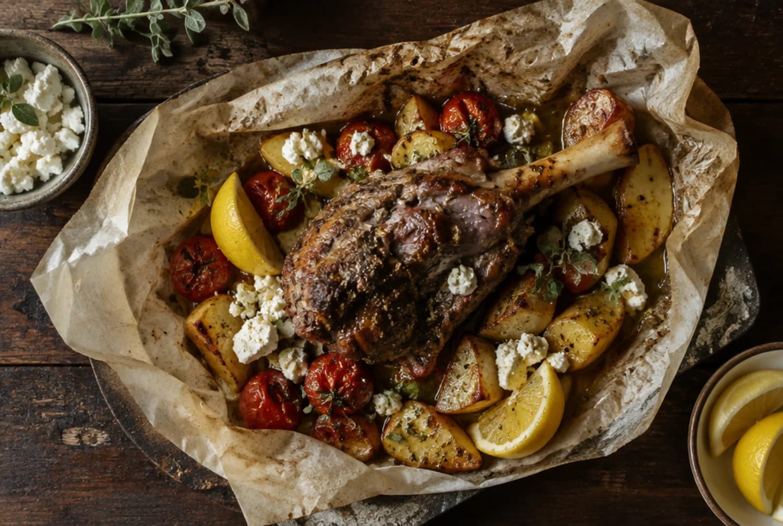 Geöffnetes Kleftiko-Pergamentpaket mit geschmorter Lammhaxe, Kartoffeln, Feta und Oregano