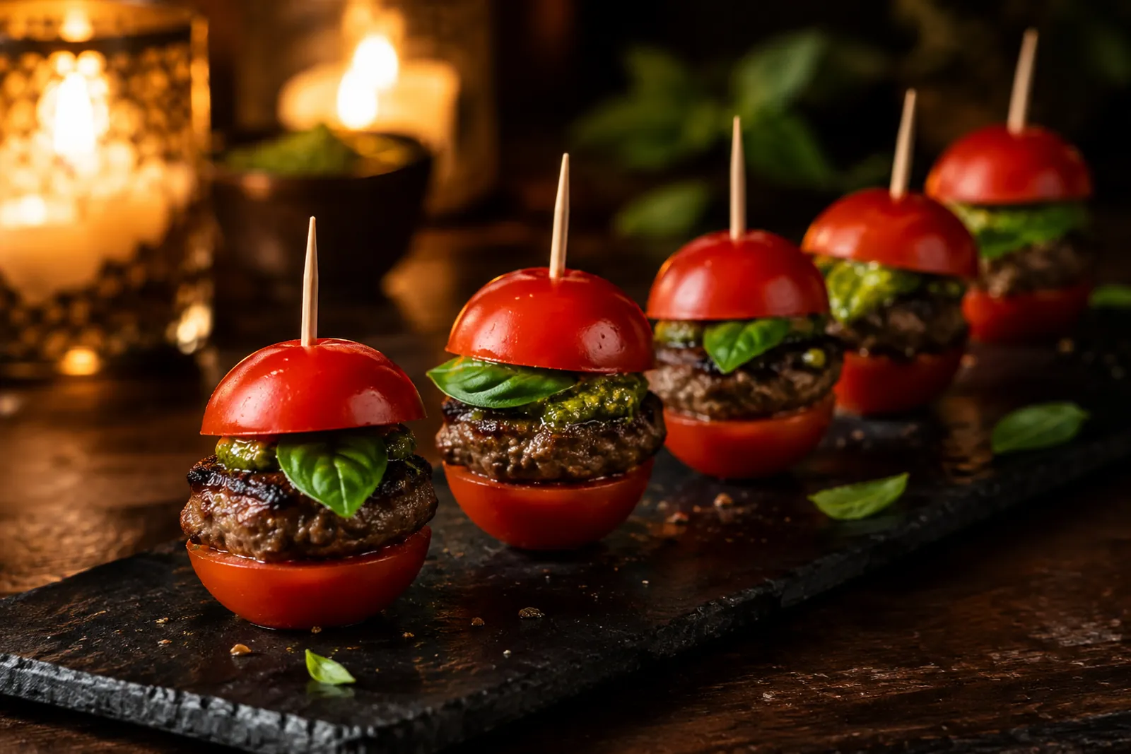 Kleine Tomaten-Burger mit Basilikum-Pesto auf einem Apéro-Brett