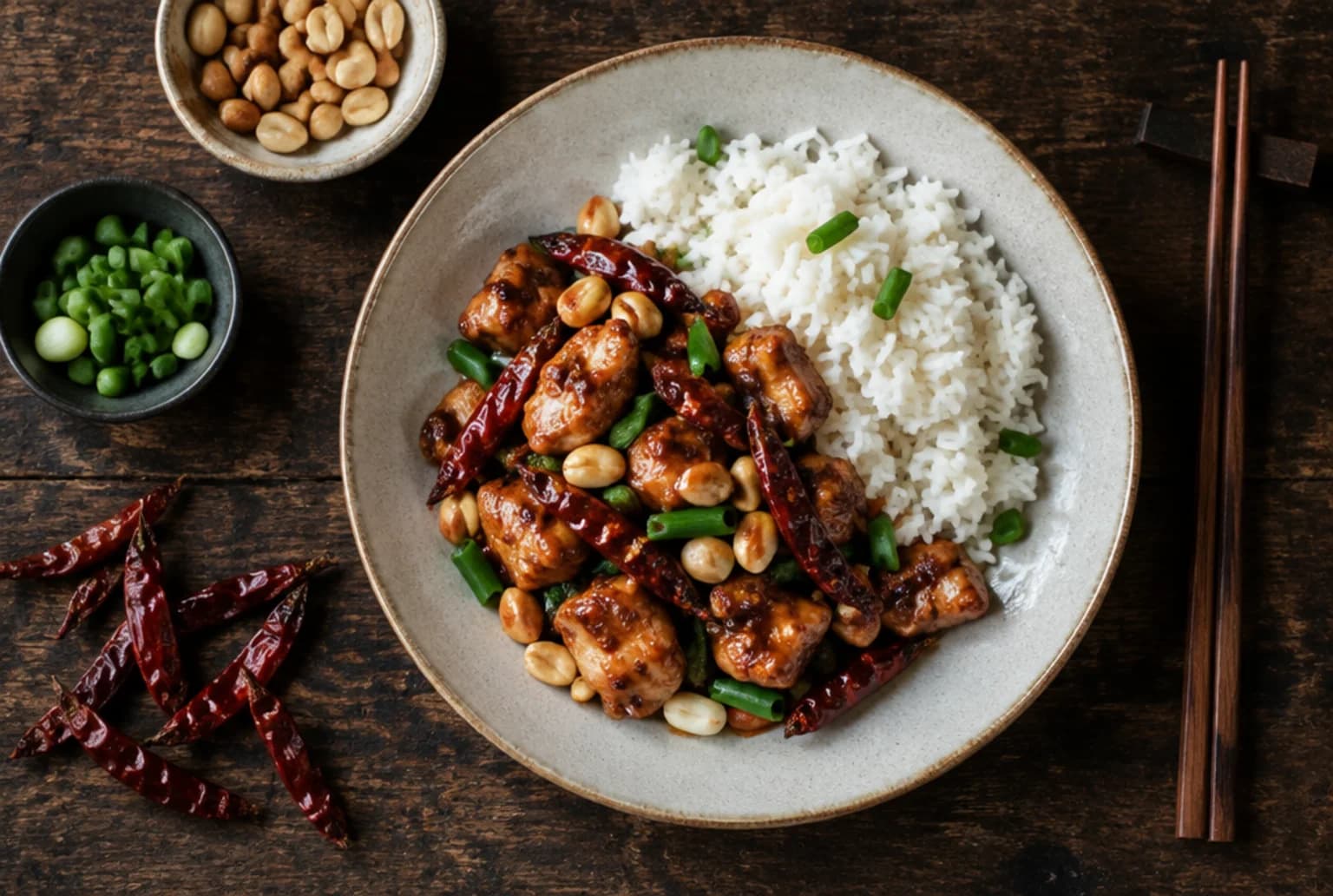 Kung Pao Poulet: glänzende Pouletwürfel mit getrockneten Chilis, Erdnüssen und Frühlingszwiebeln