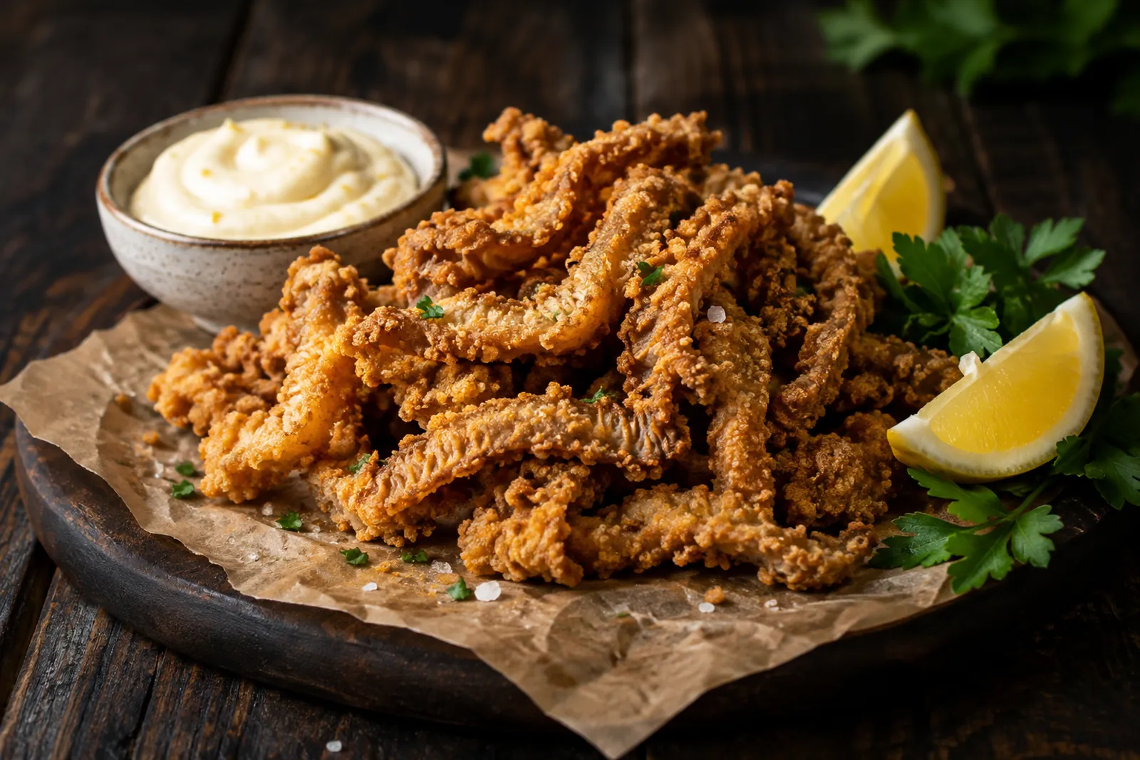 Knusprig gebratene Kuttelnknusperli auf Papier mit Zitronenmayo, Zitrone und Petersilie