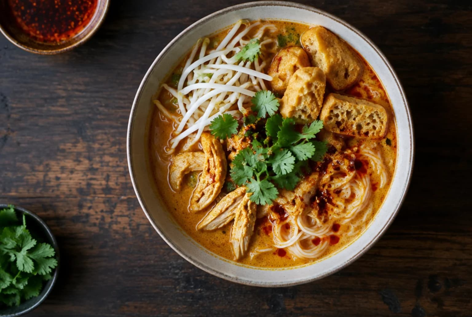 Laksa: orange Curry-Kokossuppe mit Reisnudeln, Poulet, Tofu und Koriander