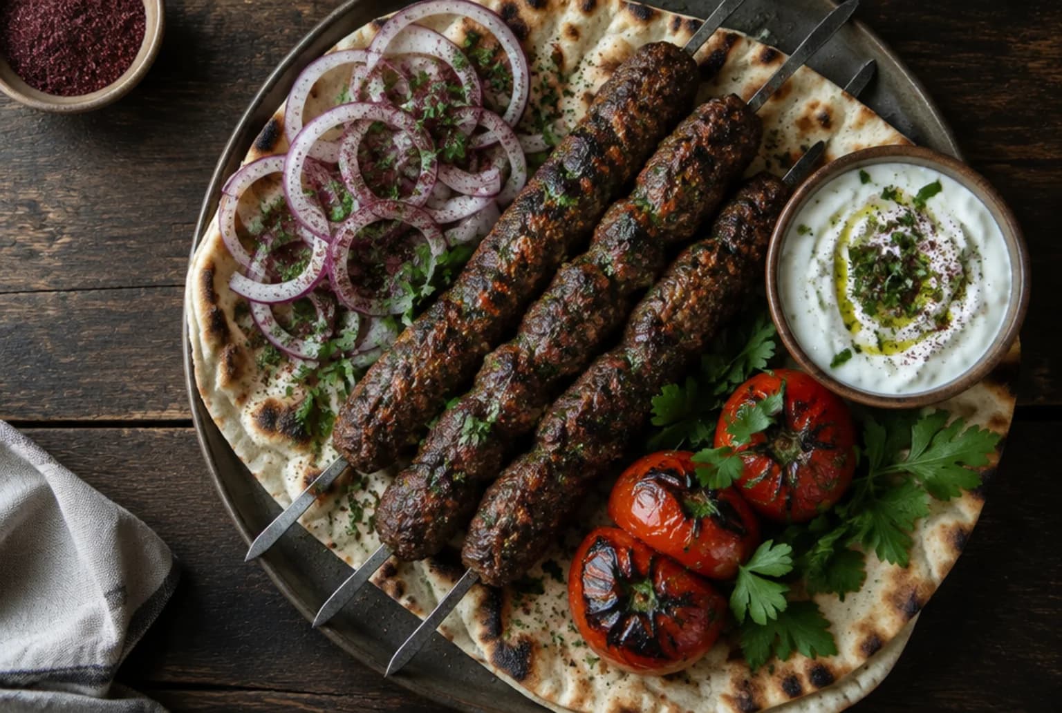 Lamm Kefta: gebräunte Hackspiessli auf Fladenbrot mit Sumach-Zwiebeln und Petersilie