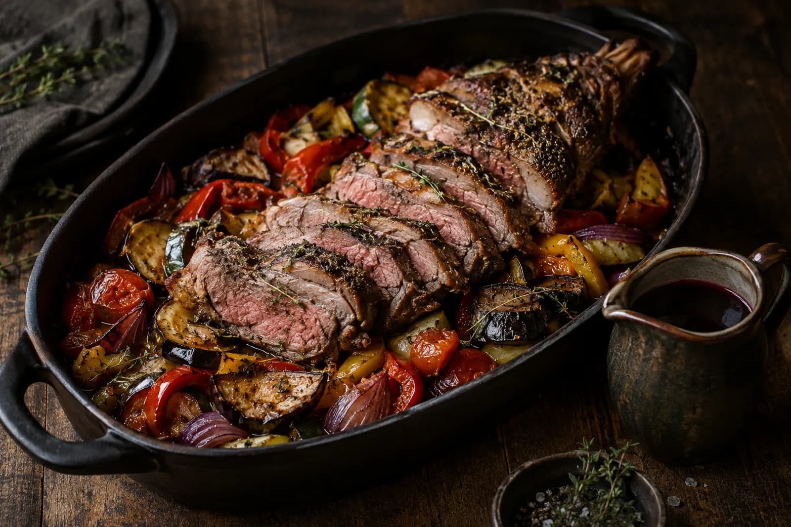 Tranchierter Lammgigot auf buntem Ratatouille-Gemüse in einer Bratform