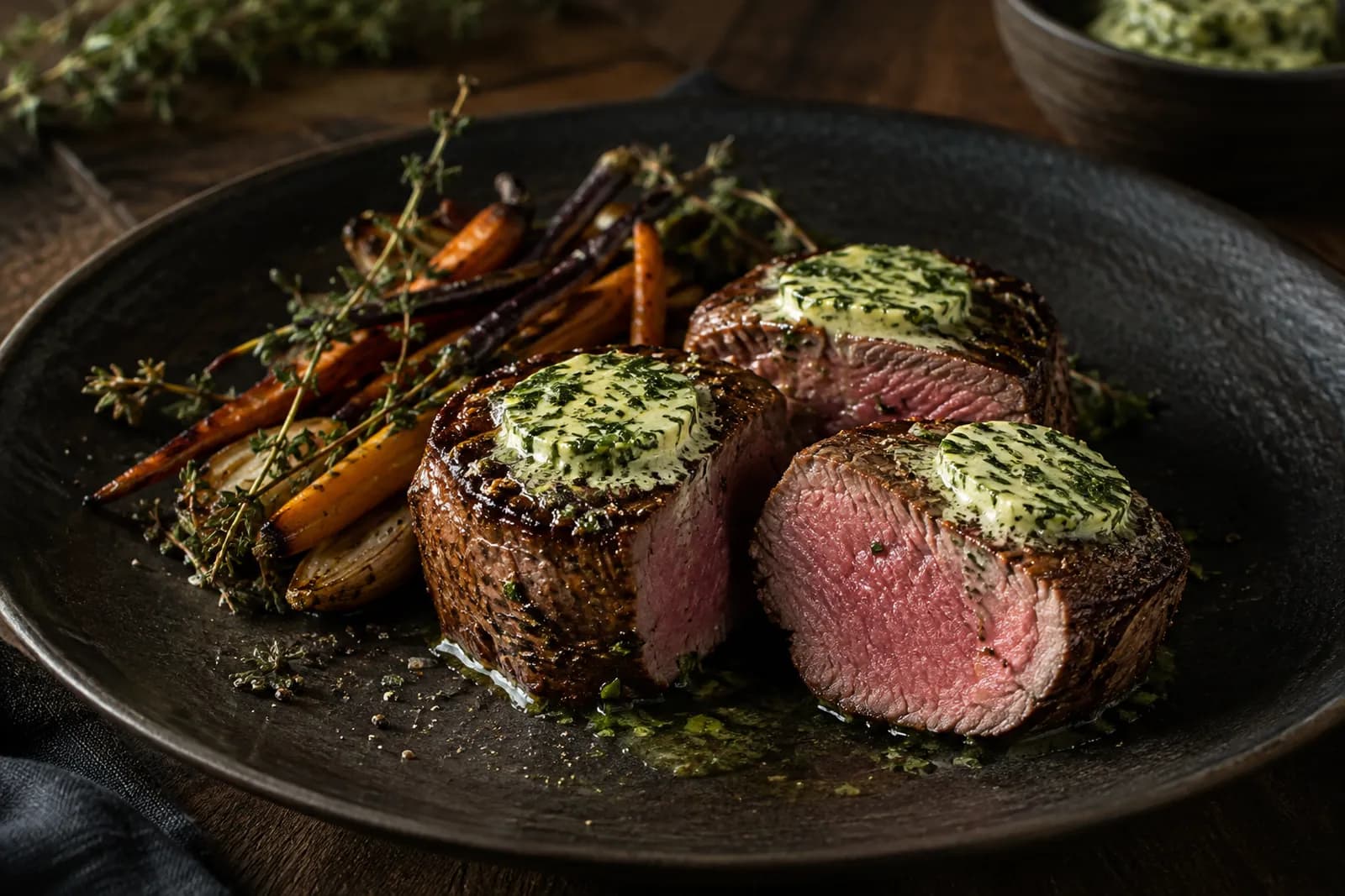 Niedergegartes Lammnierstück mit Kräuterbutter