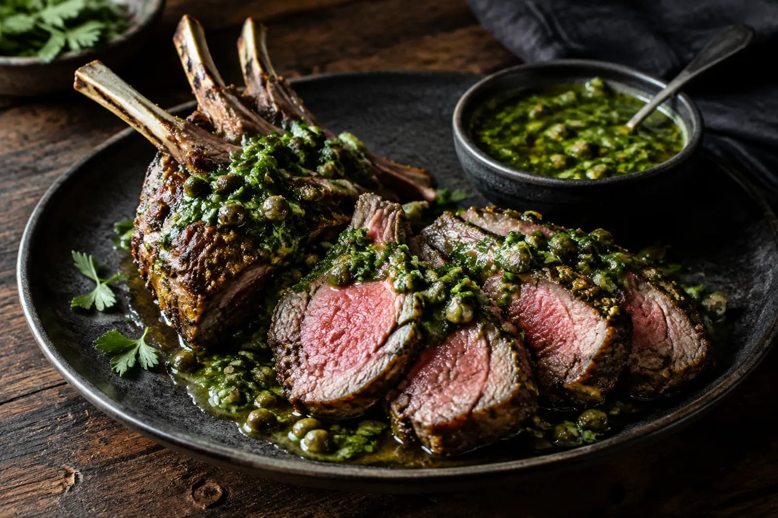 Tranchiertes Lammrack mit rosa Kern und grüner Salsa Verde auf einer Platte