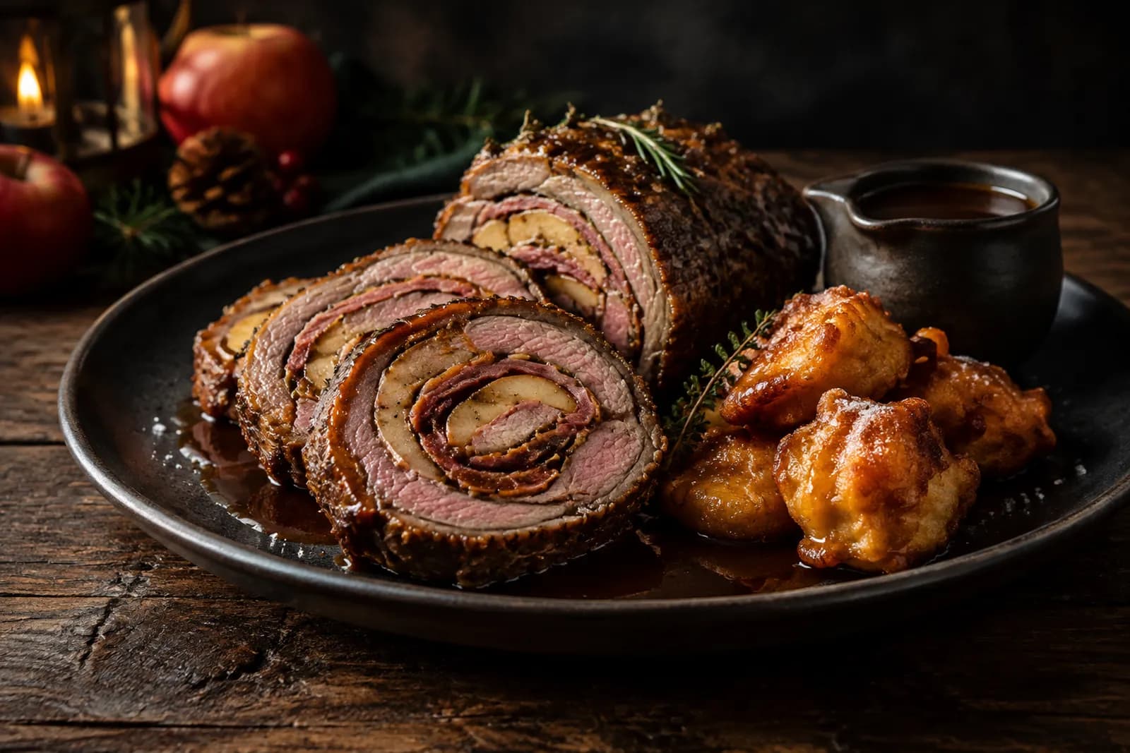 Aufgeschnittene Lammroulade mit Apfelküchlein und Bratensauce