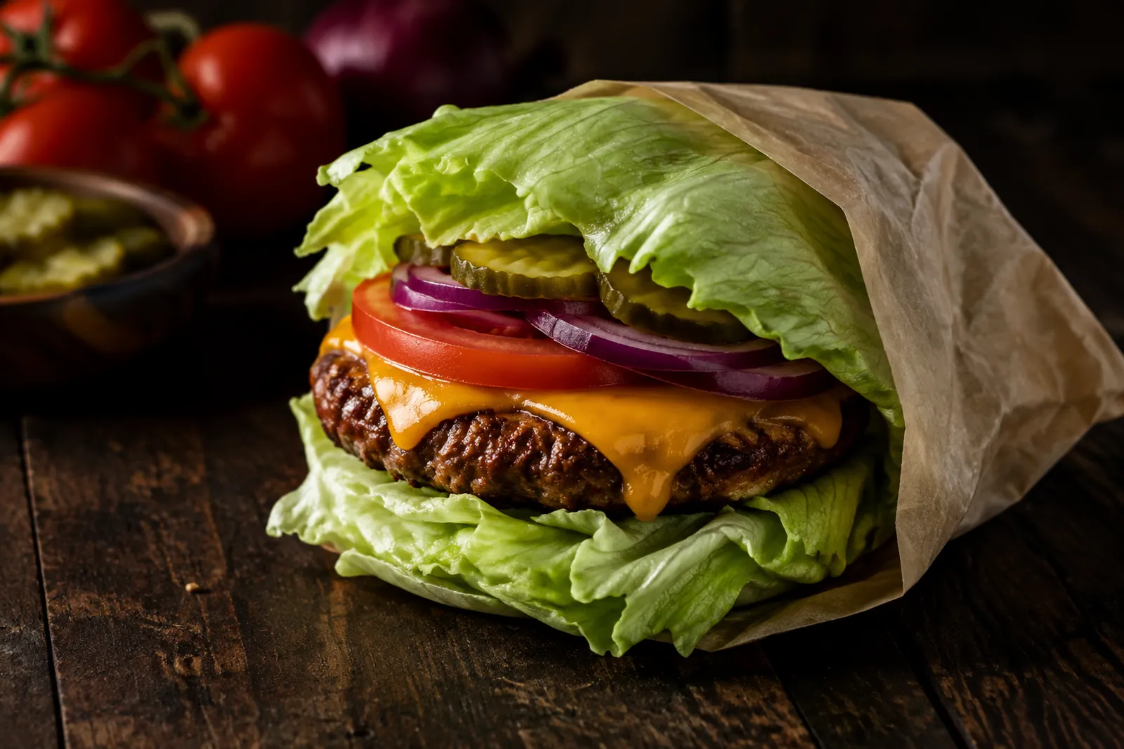 Low Carb Burger in Eisbergsalat-Blättern mit Cheddar und Tomate