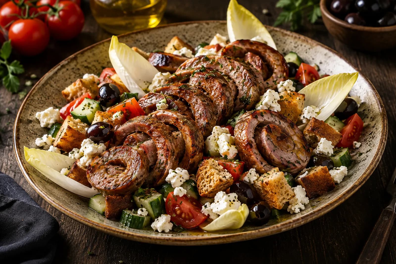 Aufgeschnittene Luganighetta auf Brotsalat mit Schafskäse, Tomaten und Oliven