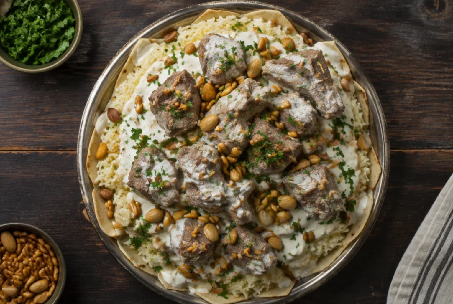 Mansaf: Lammstücke auf Reis und Fladenbrot mit Joghurtsauce, Mandeln und Pinienkernen