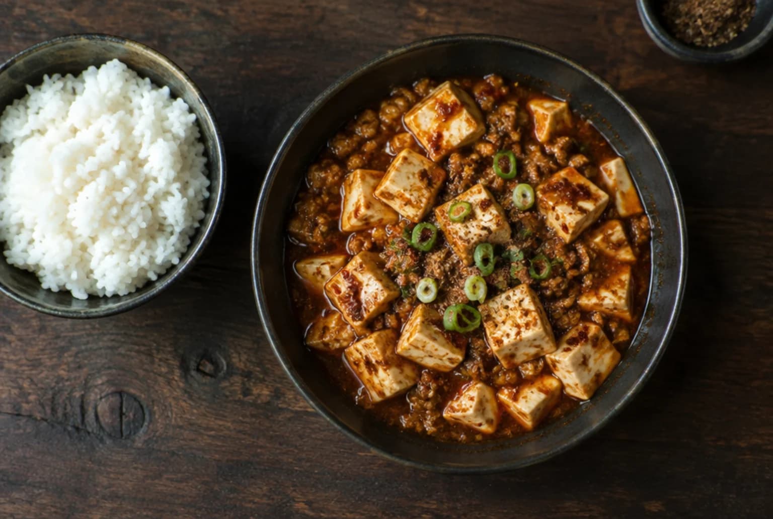 Mapo Tofu in dunkler Keramikschüssel: Tofuwürfel in roter Chilisauce mit Schweinehack und Frühlingszwiebeln