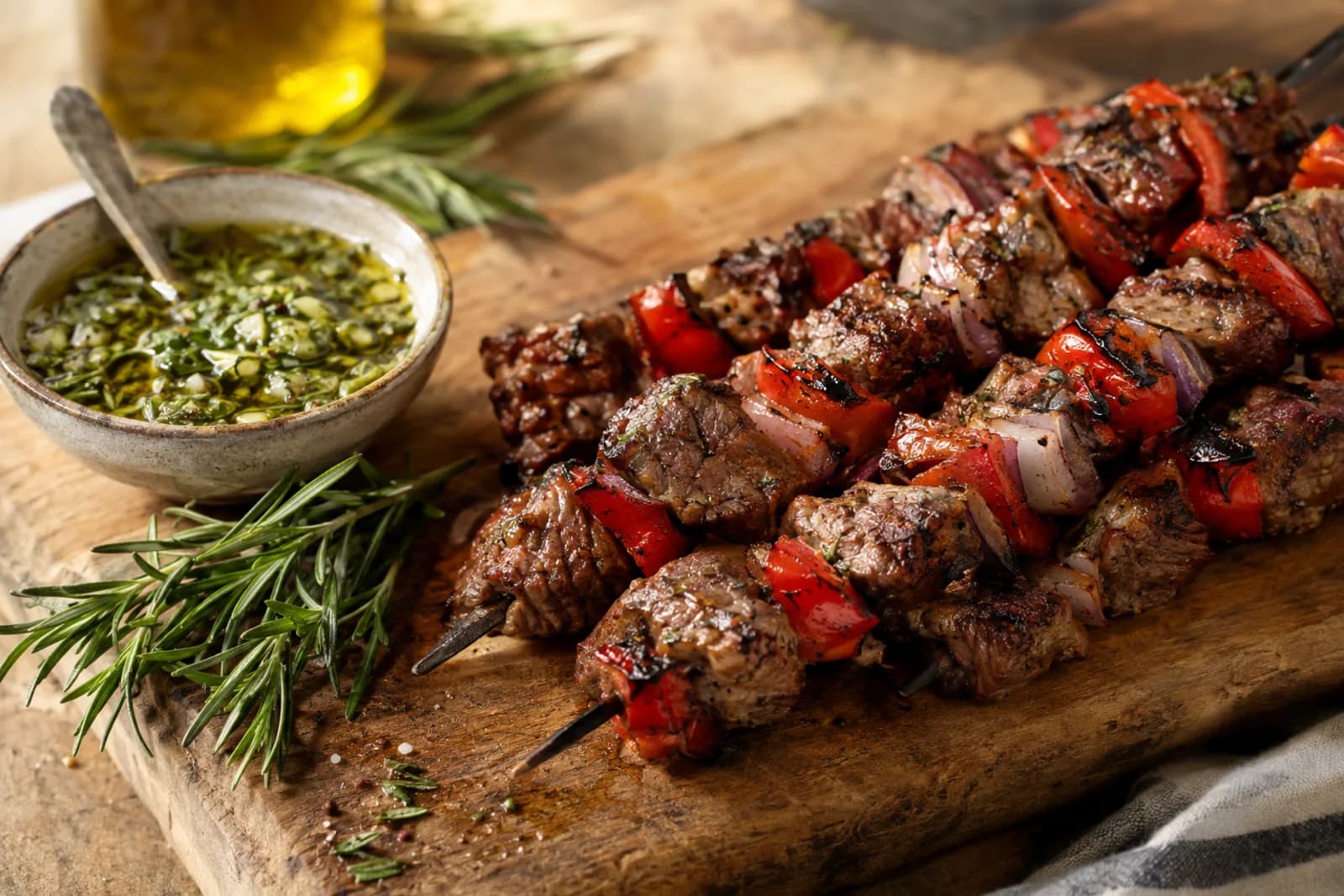 Rindwürfel und Gemüse auf Spiessen mit würziger Marinade