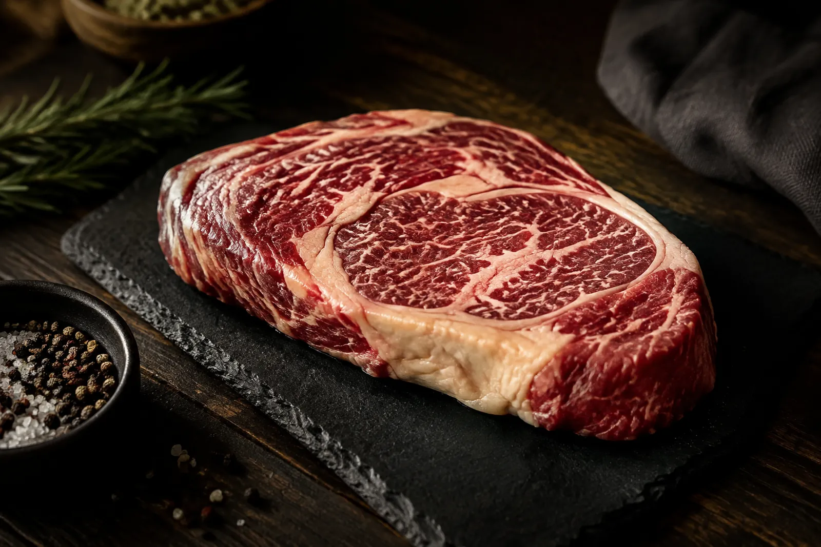 Rohes Entrecôte mit feiner, gleichmässiger Marmorierung auf einem dunklen Brett