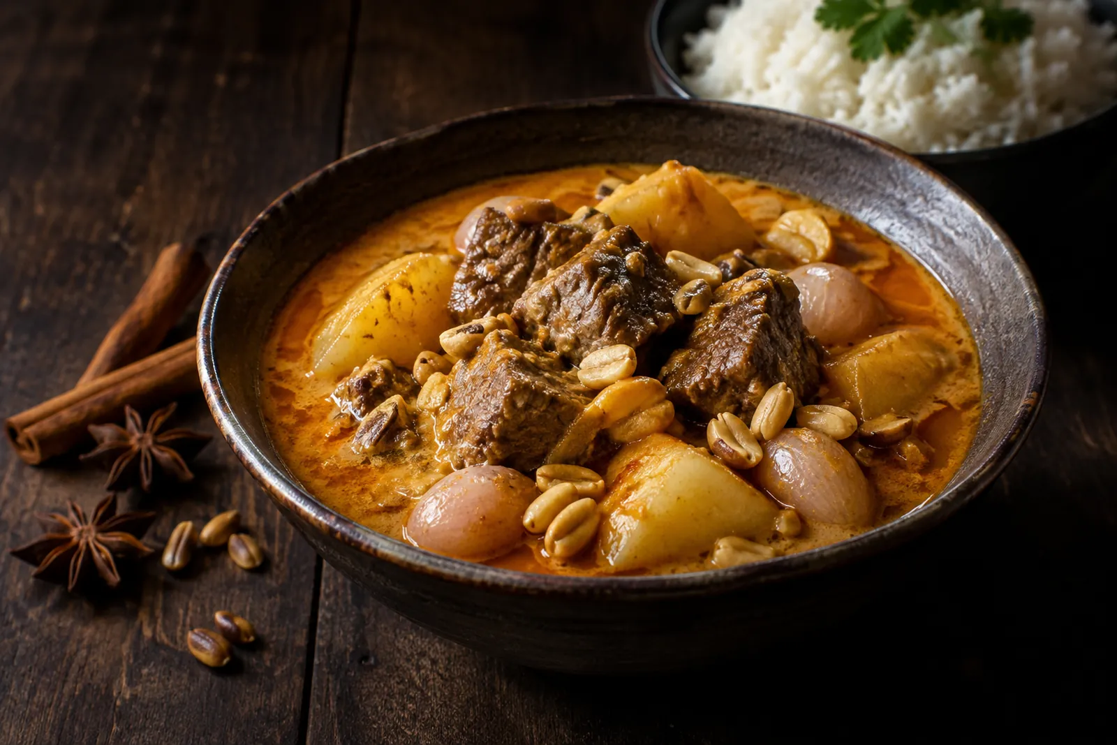 Massaman Curry mit geschmortem Rindfleisch, Kartoffeln und Erdnüssen in Kokossauce