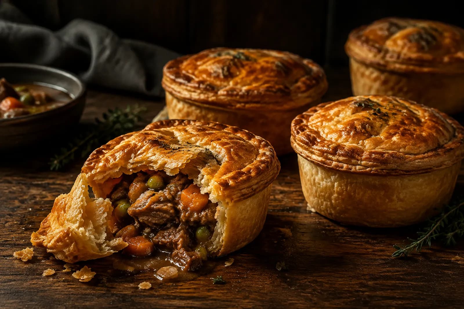 Goldbraune Mini Pies mit aufgebrochenem Deckel und Schweinsschulter-Füllung